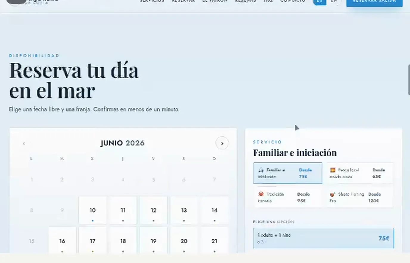 Majorero de Costa — sección de reservas con calendario y panel de precios