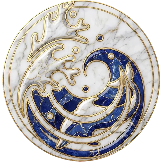 El medallón de Lavandera Design: una ola que se cierra en círculo con un delfín dentro, en mármol blanco con contorno de oro y azul lapislázuli.