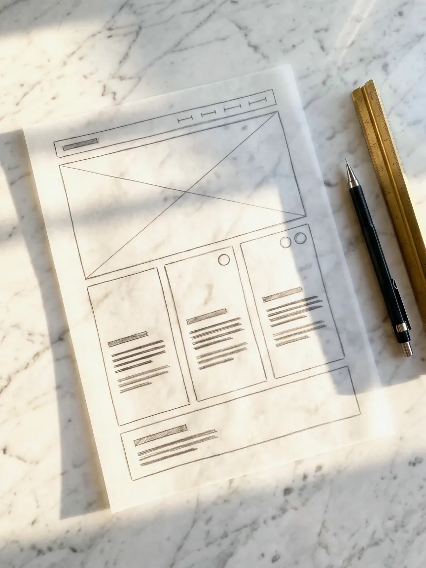 Un boceto de web dibujado a lápiz sobre papel, encima de una mesa de mármol, con un portaminas y una regla de latón.