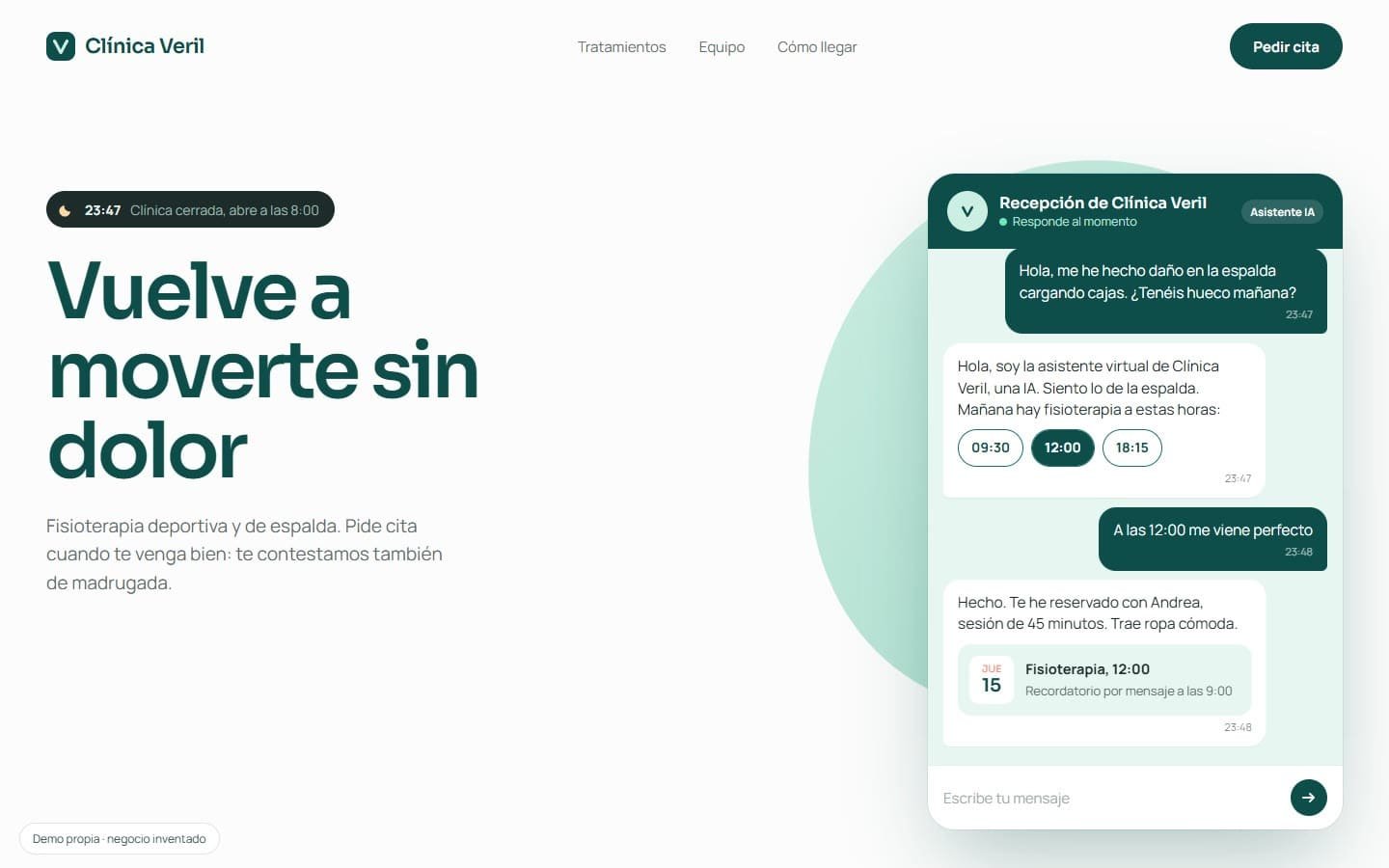 Portada de la web de Clínica Veril, una clínica de fisioterapia inventada.